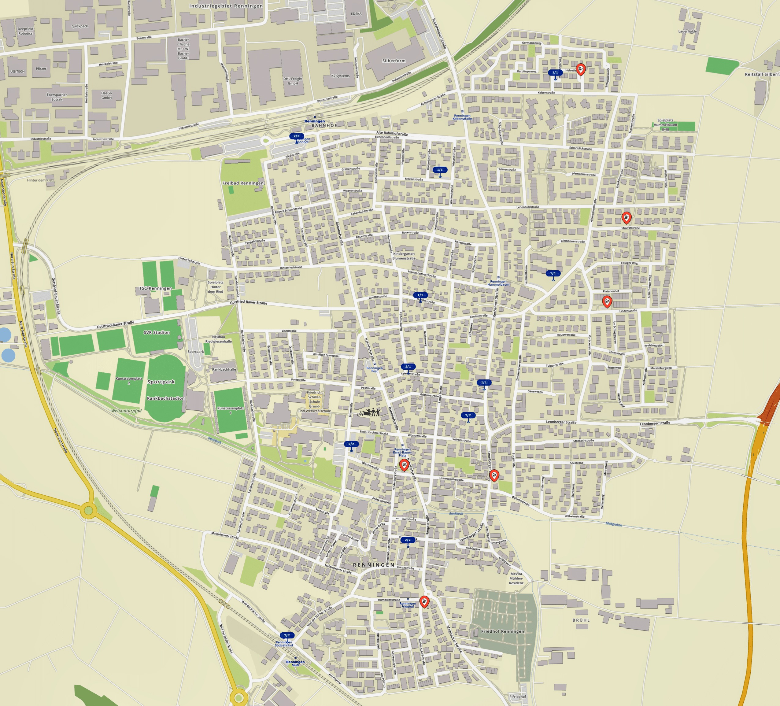 Karte von Renningen mit allen CarSharing-Standorten inkl. der für 2024 neu geplanten Ladesäulen